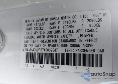 2010 Acura Tsx 2.4 из США, поврежденный, VIN JH4CU2F67AC032547